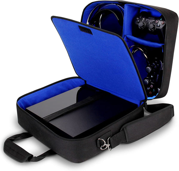 USA GEAR Console Carrying Case Compatible with PS4 Pro and Playstation 4 Slim - Accessory Storage for Controllers, Cables, Headsets and Padded Shoulder Strap - Fits All PS4 and PS3 Models – Blue