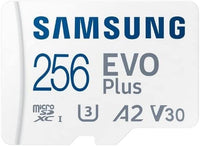 Samsung 256GB EVO Plus microSDXC Up to 130MB/s Transfer Speed, C10, U3, V30, 4K, A2. Includes Full-Size SD Adapter