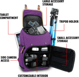 GOgroove DSLR Camera Backpack (Mid-Volume Purple) with Tablet Compartment, Customizable Dividers for Storage, Tripod Holder and Weatherproof Rain Cover - Compatible w/Canon, Nikon, Olympus and More