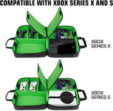 USA GEAR Xbox Case - Console Case Compatible with Xbox Series X and Xbox Series S with Customizable Interior for Xbox Controllers, Xbox Games, Gaming Headset, and More Gaming Accessories (Green)