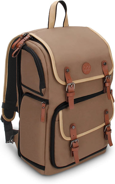GOgroove Full-Size DSLR Photography Backpack Case (Tan) for Camera and Laptop with 15.6 inch Laptop Space, Accessory Storage, Tripod Holder, Long-Lasting Durability and Weatherproof Rain Cover