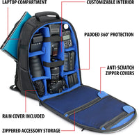 USA Gear SLR Digital Camera Backpack with Laptop Compartment, Front Loading Access, Large Lens Storage, Weather Resistant Bottom and Rain Cover - Compatible with Canon, Nikon, Sony, Pentax and More